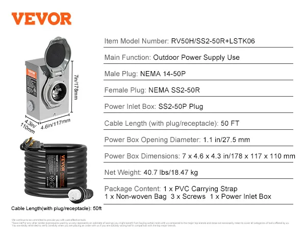 Kit de cable para generador VEVOR con cable de 50 pies, enchufes nema y caja de entrada de energía, ideal para suministro de energía al aire libre.