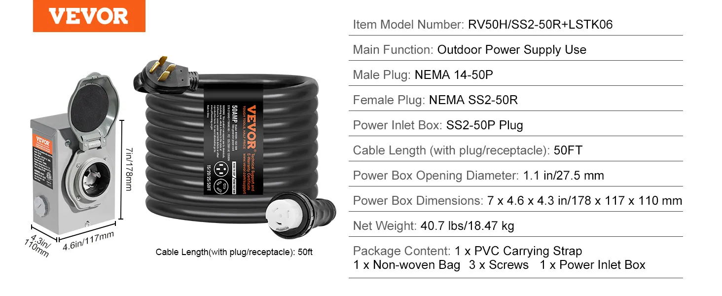 Kit de cable para generador VEVOR con cable de 50 pies, enchufes nema y caja de entrada de energía, ideal para suministro de energía al aire libre.