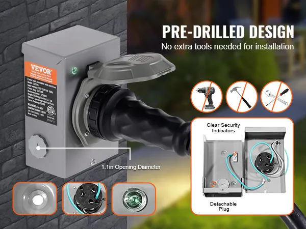 VEVOR generator cord kit pre-drilled design, detachable plug, clear indicators, easy installation.