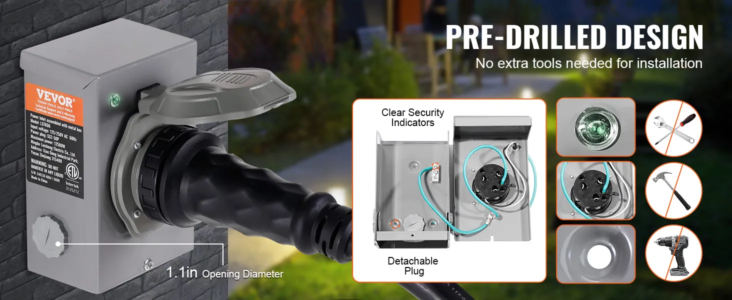 VEVOR generator cord kit pre-drilled design, detachable plug, clear indicators, easy installation.