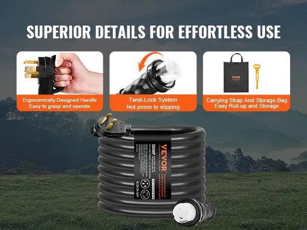 VEVOR generator cord kit with ergonomic handle, twist-lock system, and carrying storage bag.