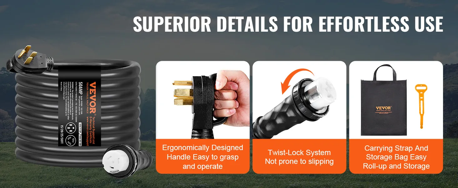 VEVOR generator cord kit with ergonomic handle, twist-lock system, and carrying storage bag.