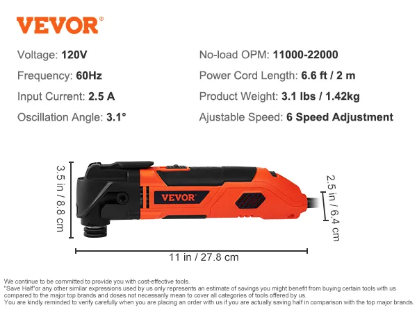 VEVOR oscillating tool: 120v, 60hz, 2.5a, 3.1° angle, 11000-22000 opm, 6.6 ft cord, 3.1 lbs, 6 speed settings.