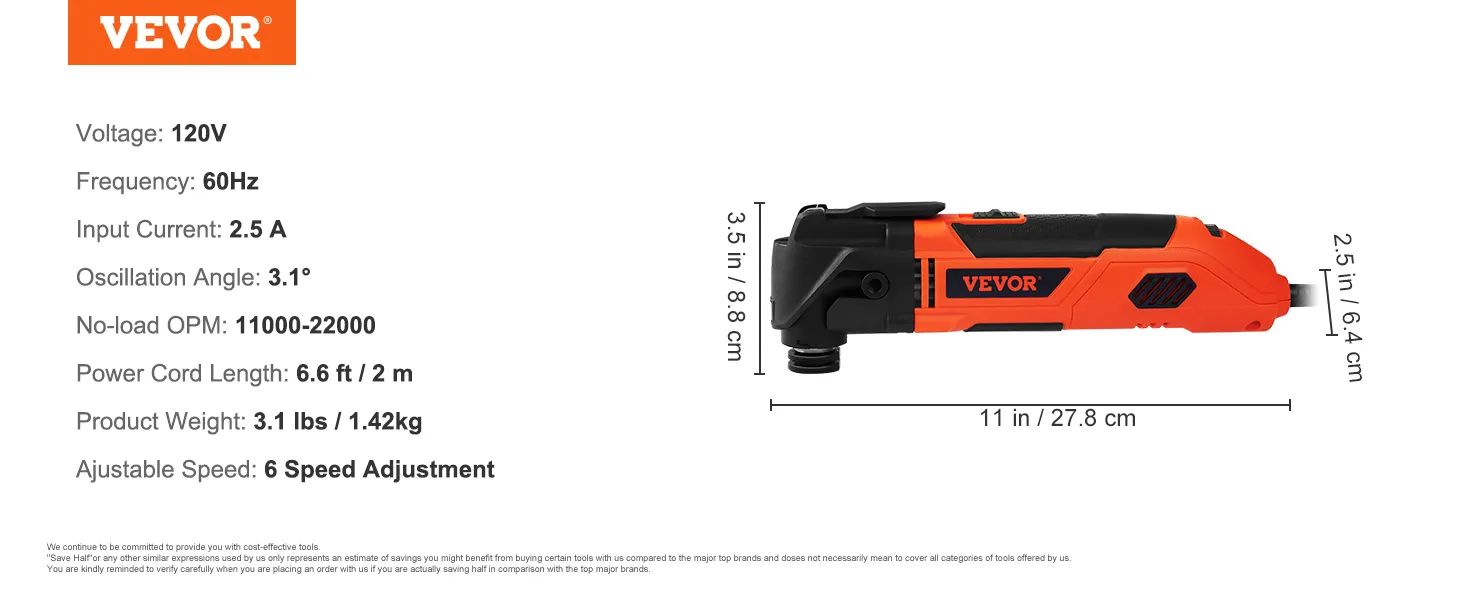 VEVOR oscillating tool: 120v, 60hz, 2.5a, 3.1° angle, 11000-22000 opm, 6.6 ft cord, 3.1 lbs, 6 speed settings.