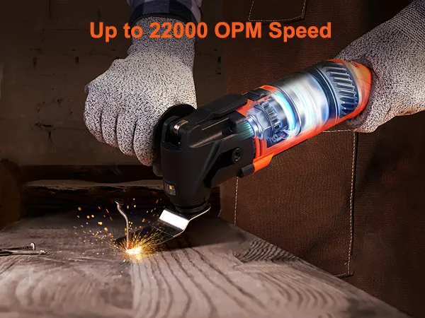 hand holding VEVOR oscillating tool, cutting metal with sparks, text "up to 22000 opm speed".