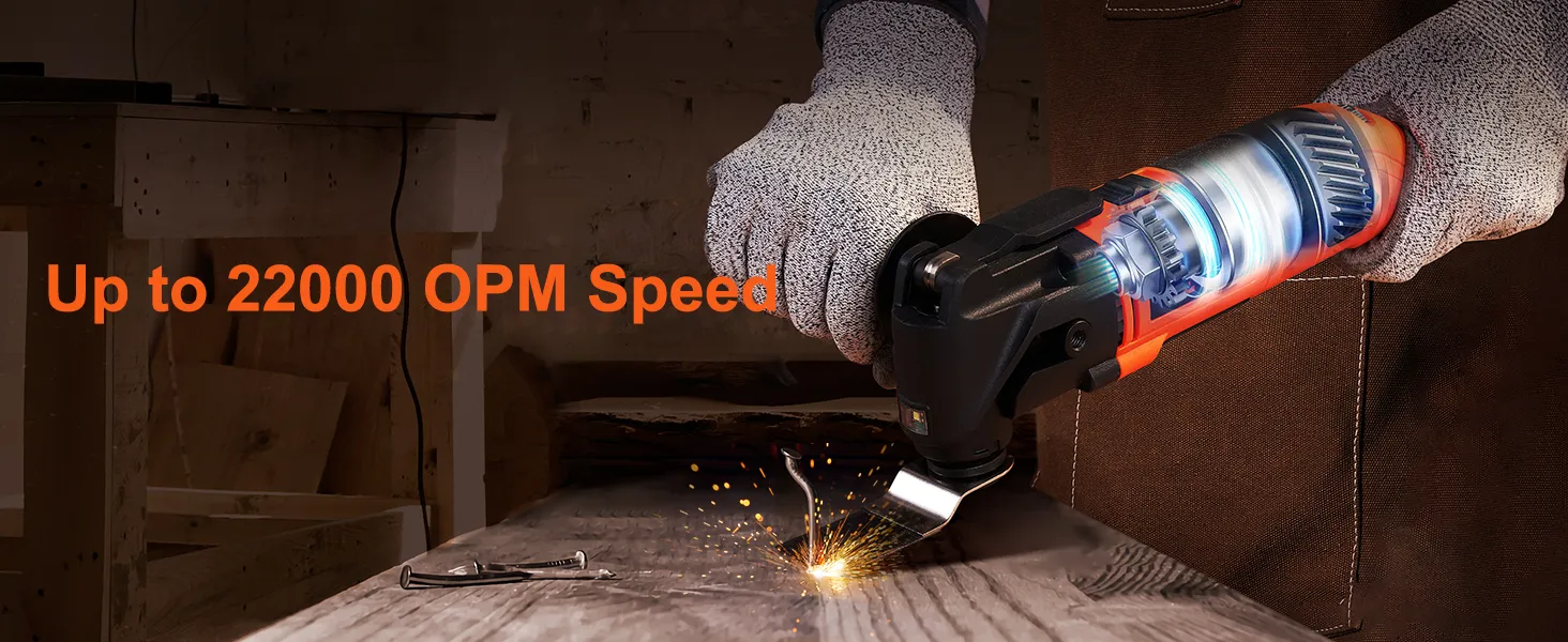 hand holding VEVOR oscillating tool, cutting metal with sparks, text "up to 22000 opm speed".