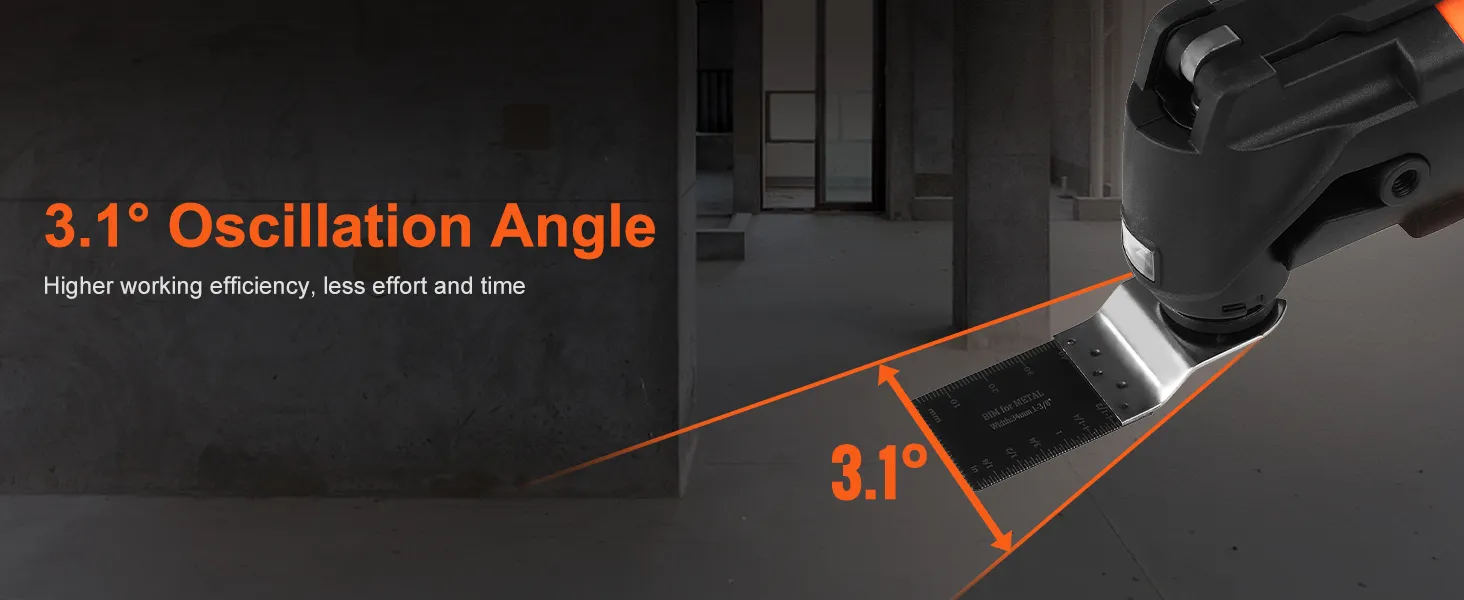 VEVOR oscillating tool with 3.1° angle for higher efficiency, less effort, and time.