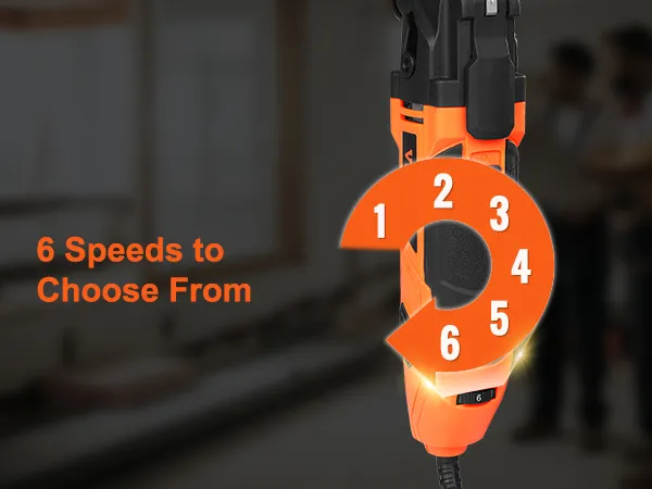 VEVOR oscillating tool with 6 speed settings displayed on the body in an orange and black design.