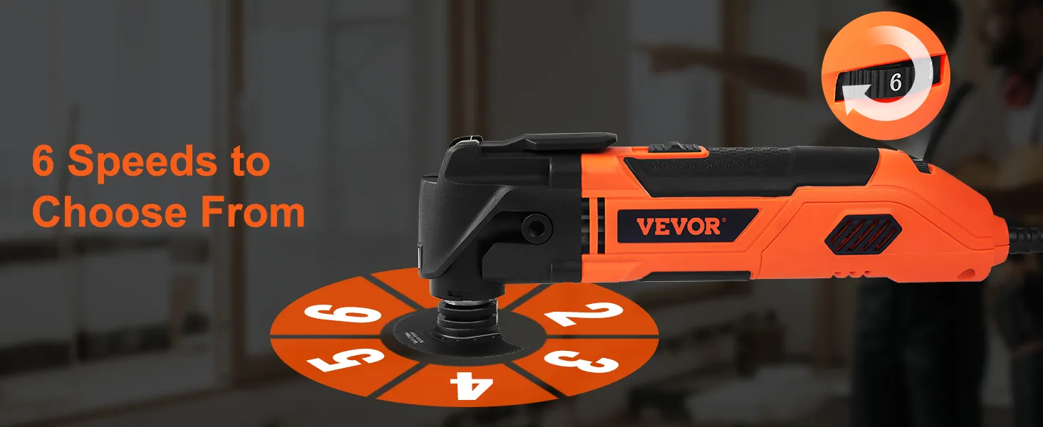 VEVOR oscillating tool with 6 speed settings displayed on the body in an orange and black design.
