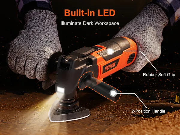 VEVOR oscillating tool with built-in led, rubber soft grip, and 2-position handle, illuminating workspace.