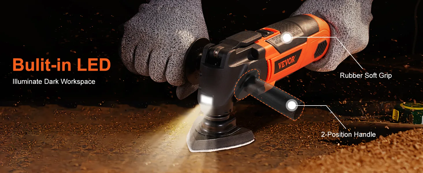 VEVOR oscillating tool with built-in led, rubber soft grip, and 2-position handle, illuminating workspace.