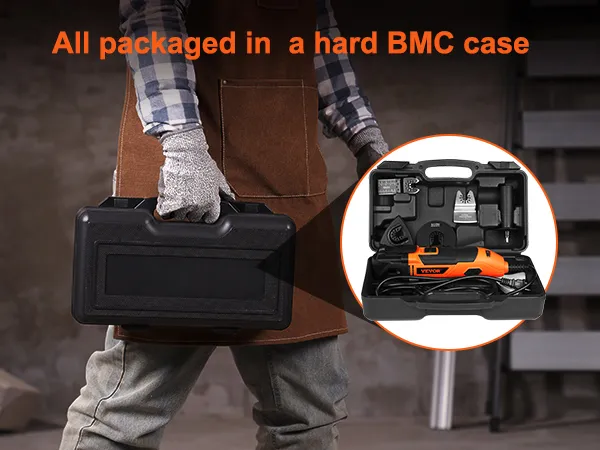 person holding a hard case with the VEVOR oscillating tool and accessories showcased inside.
