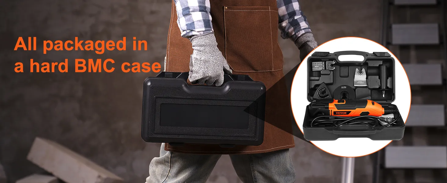 person holding a hard case with the VEVOR oscillating tool and accessories showcased inside.