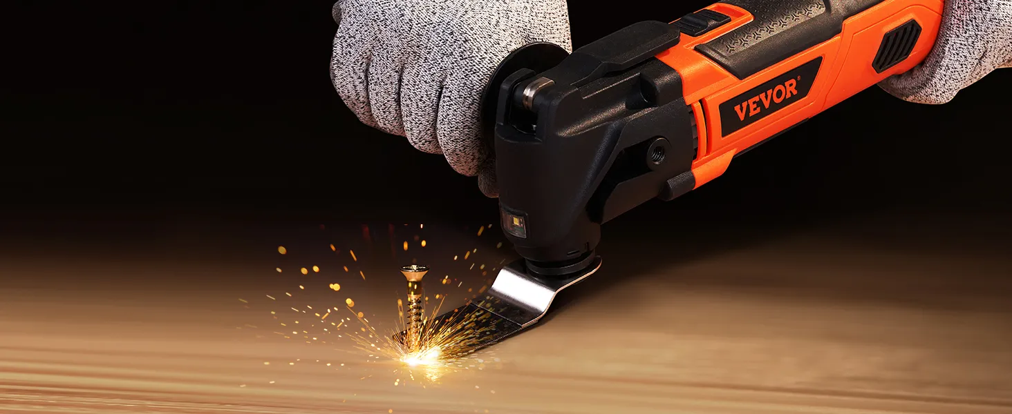 VEVOR oscillating tool cutting a metal bolt with sparks flying, held by a gloved hand.