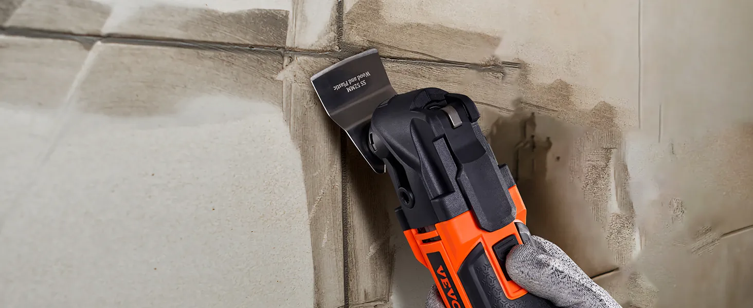 VEVOR oscillating tool cutting grout between wall tiles with precision blade.