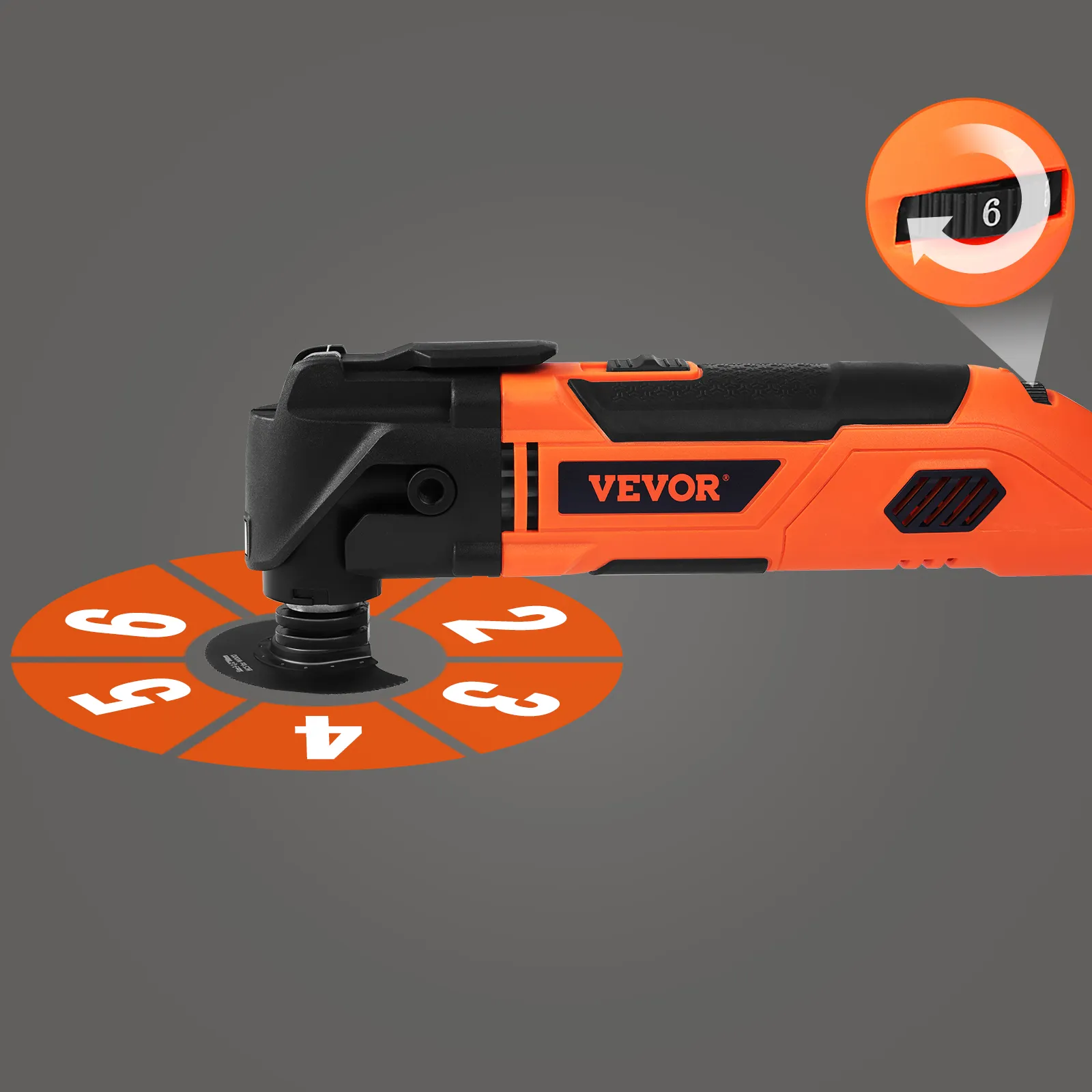 orange and black VEVOR oscillating tool with variable speed settings on a gray background.