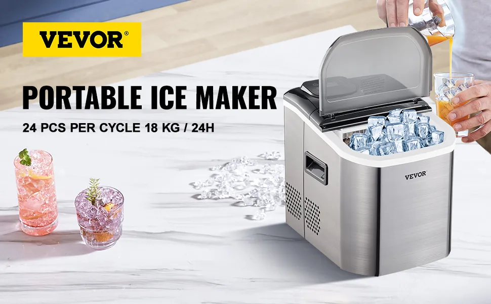 VEVOR portable ice maker on counter with ice cubes and drinks nearby. 24 pcs/cycle.