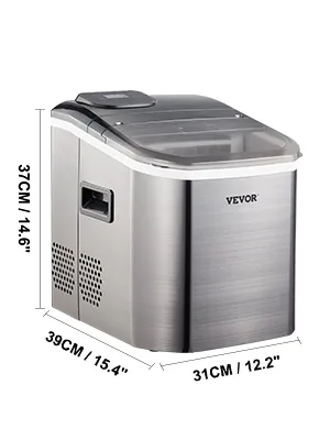 VEVOR portable ice maker with dimensions 37cm x 39cm x 31cm, sleek stainless steel design.