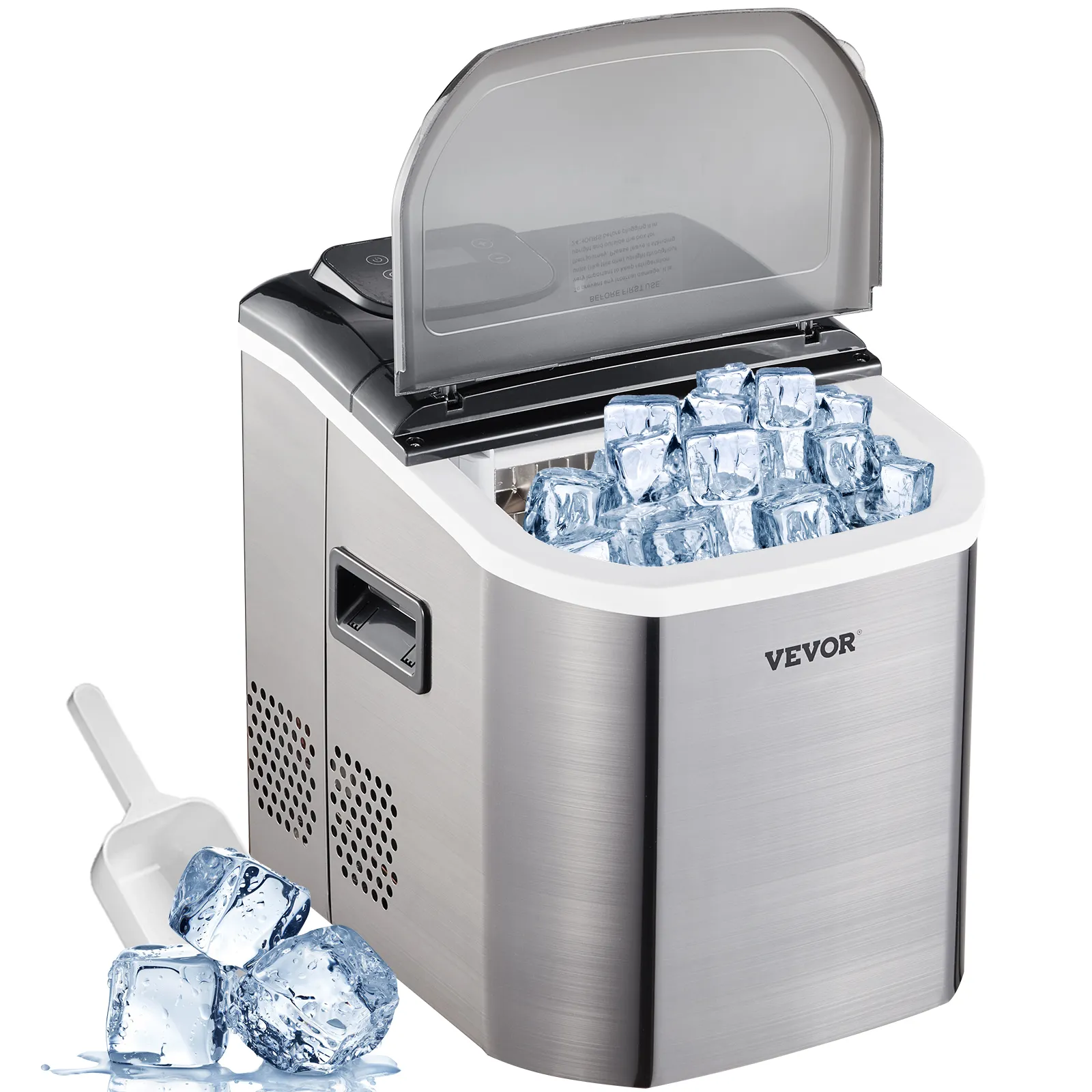 VEVOR portable ice maker filled with ice cubes, includes scoop with additional ice.