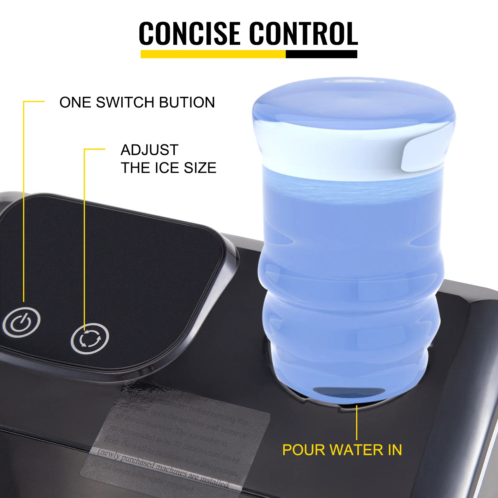 VEVOR portable ice maker controls, water pour area, and ice size adjustment.