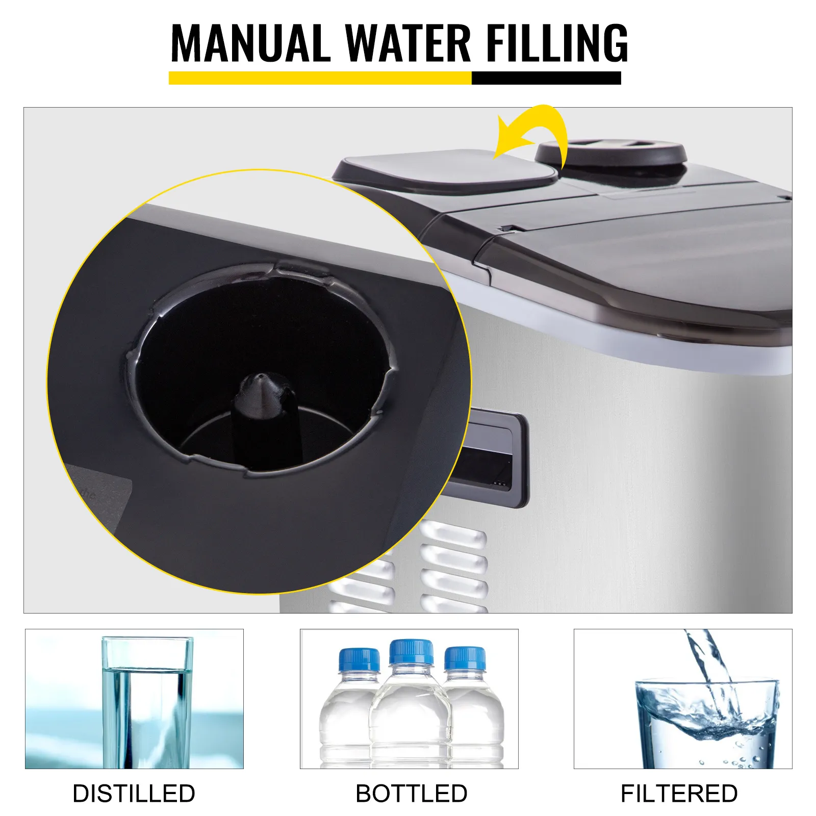 VEVOR portable ice maker with manual water filling option, using distilled, bottled, or filtered water.