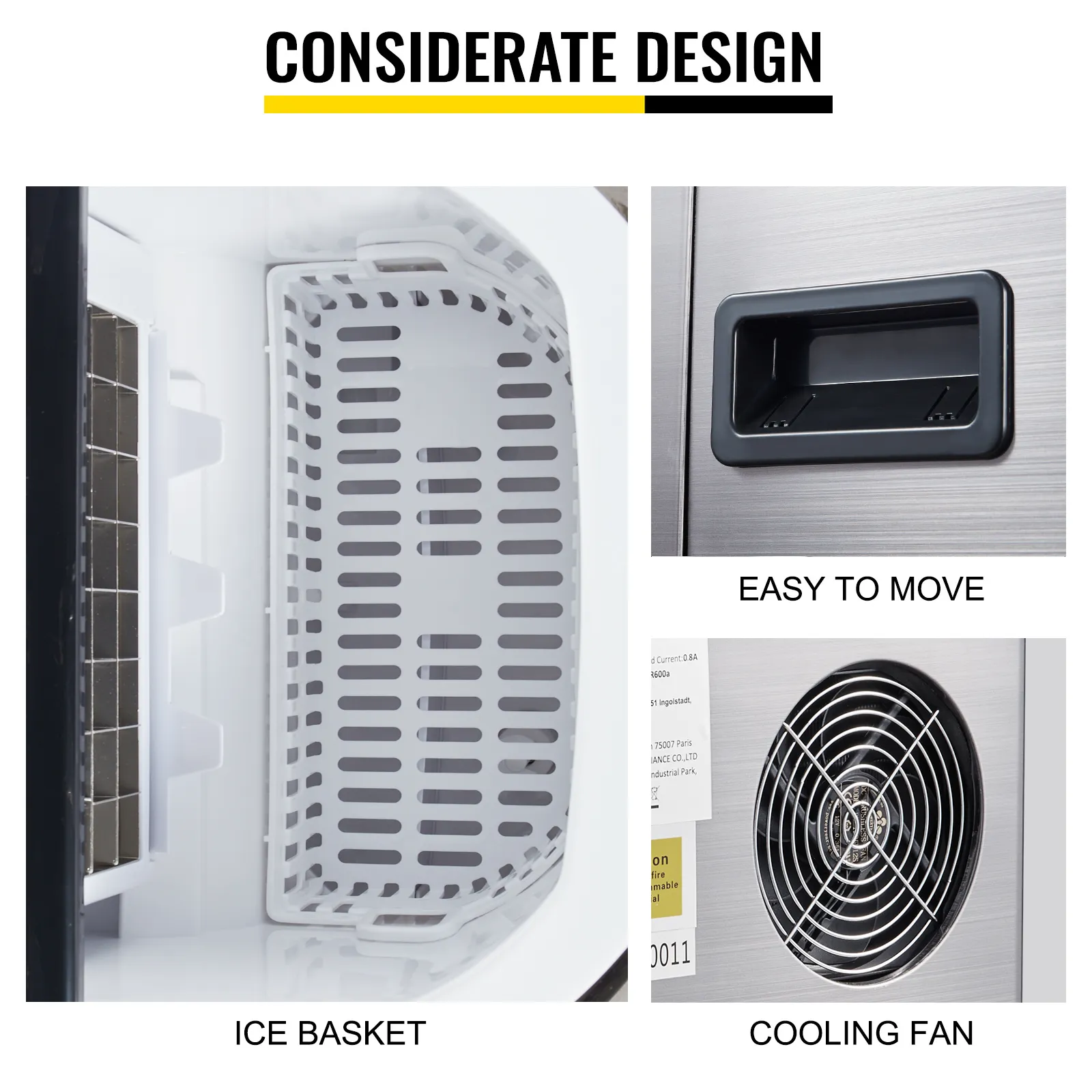 VEVOR portable ice maker showing ice basket, handle, and cooling fan.