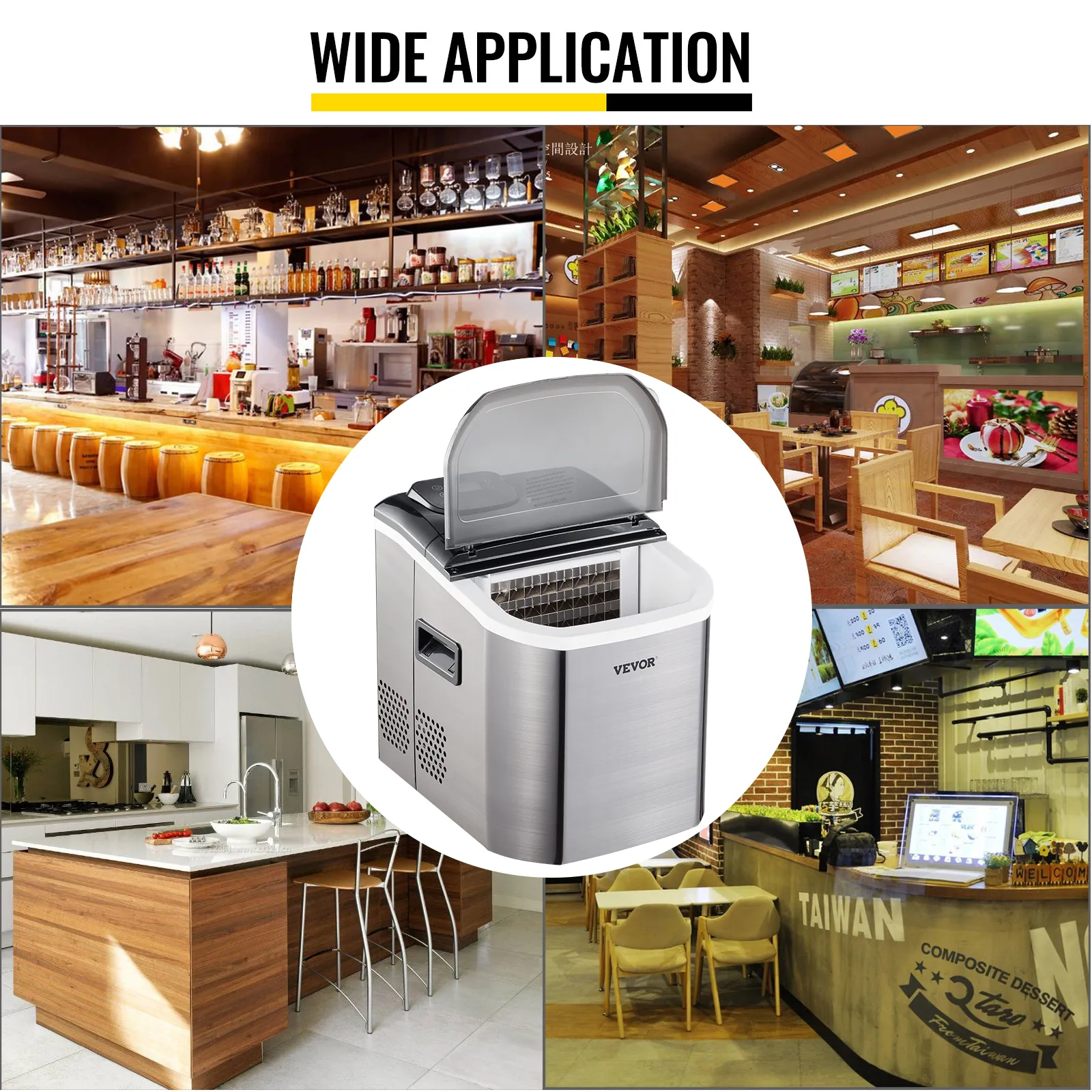 VEVOR portable ice maker in various kitchen and cafe settings for wide application.