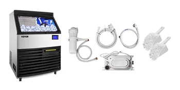Máquina de hielo comercial VEVOR con accesorios que incluyen mangueras, filtro y palas para hielo.