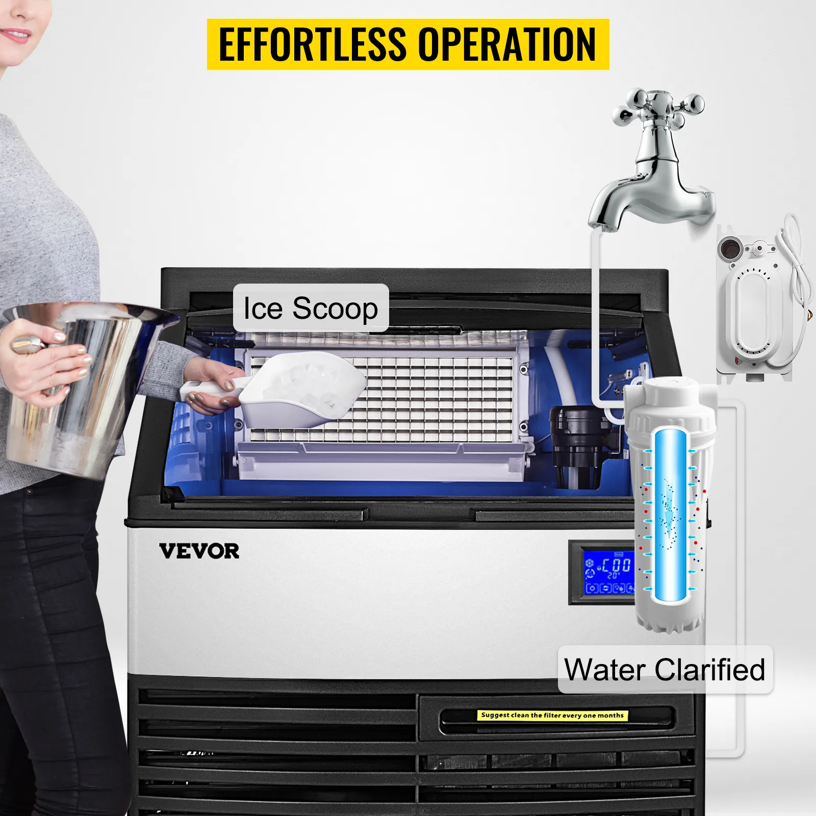 Máquina de hielo comercial VEVOR con pala para hielo y filtro de agua, que muestra un funcionamiento sin esfuerzo.