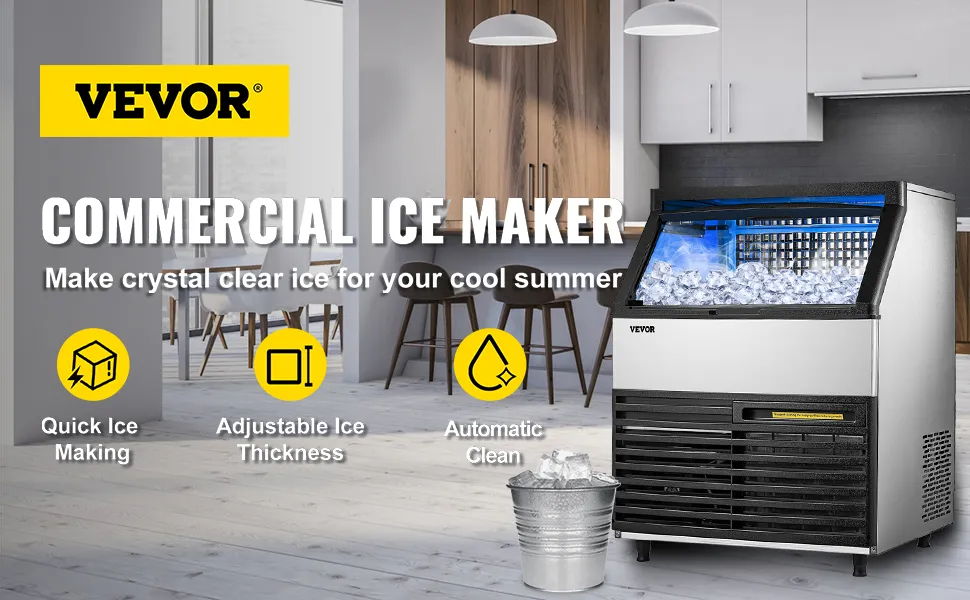Máquina de hielo comercial VEVOR en una cocina moderna, con fabricación rápida de hielo y limpieza automática.