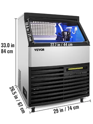 Máquina de hielo comercial VEVOR con dimensiones: 33" alto x 29" ancho x 26,5" profundidad.
