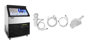 Máquina de hielo comercial VEVOR con accesorios que incluyen mangueras y pala para hielo.