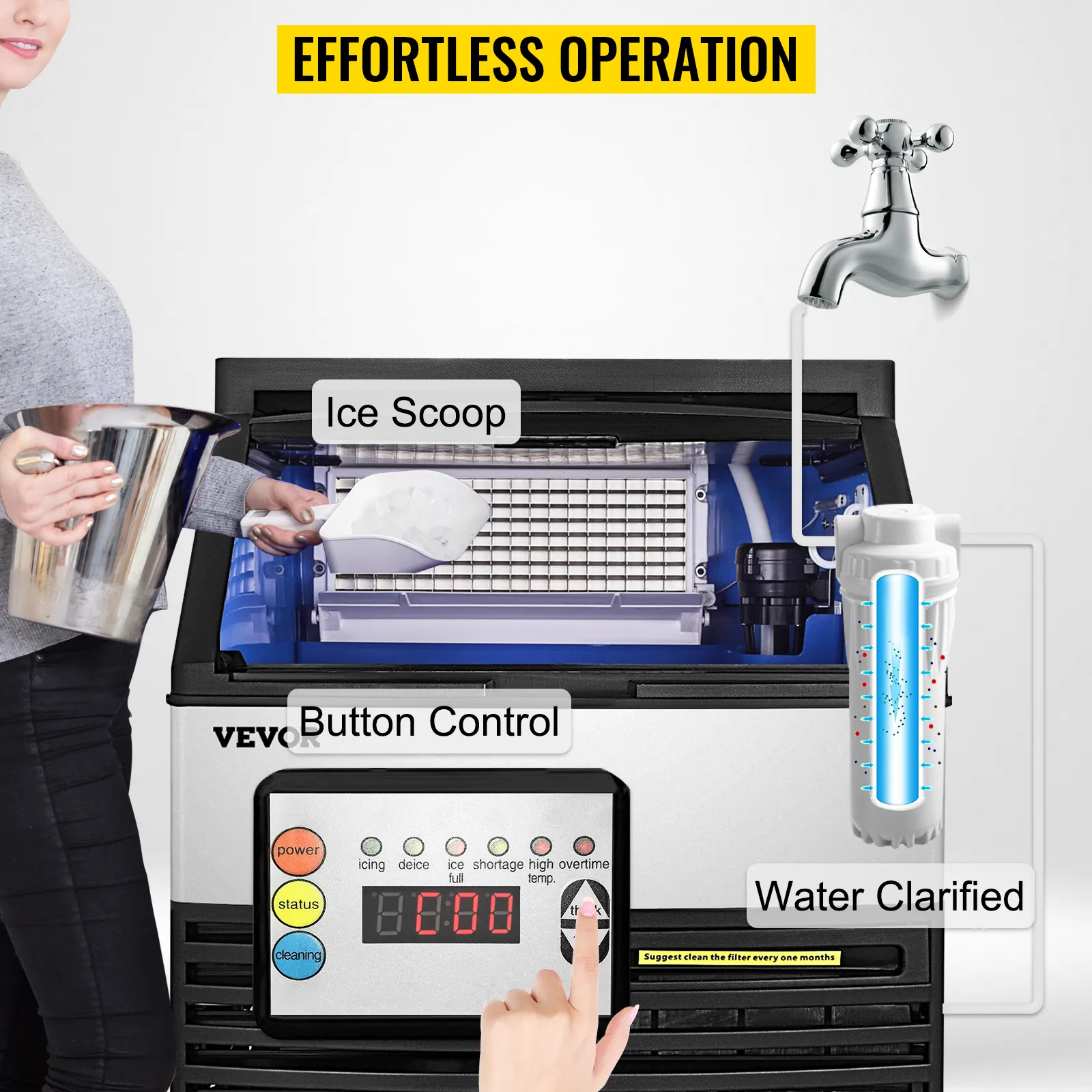 Máquina de hielo comercial VEVOR con control de botones, pala para hielo y filtro de agua. Operación sin esfuerzo.