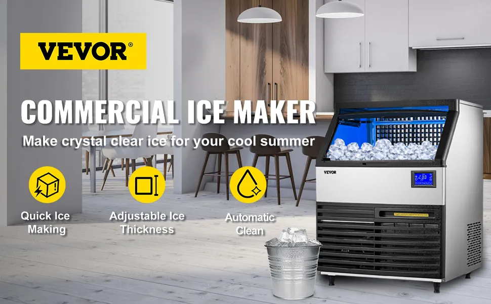 Fabbricatore di ghiaccio commerciale VEVOR in una cucina moderna con icone per la produzione rapida di ghiaccio.