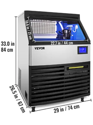Máquina de hielo comercial VEVOR con dimensiones etiquetadas, vista frontal.