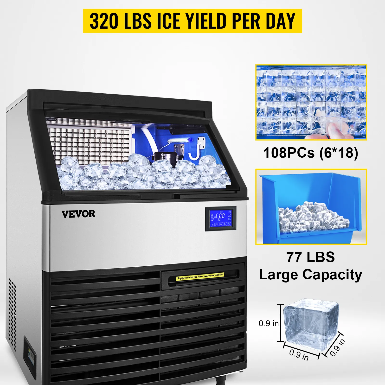 Máquina de hielo comercial VEVOR con rendimiento diario de 320 libras, almacenamiento de 77 libras y 108 cubitos de hielo.