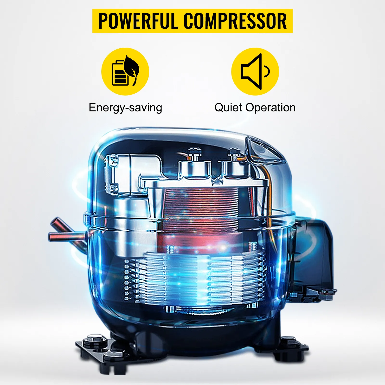 Compresor para máquina de hielo comercial VEVOR, características de ahorro de energía y funcionamiento silencioso.