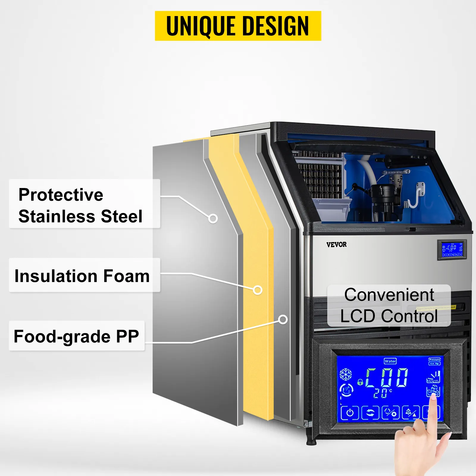 Máquina de hielo comercial VEVOR con acero inoxidable, espuma aislante, pp de grado alimenticio y control lcd.