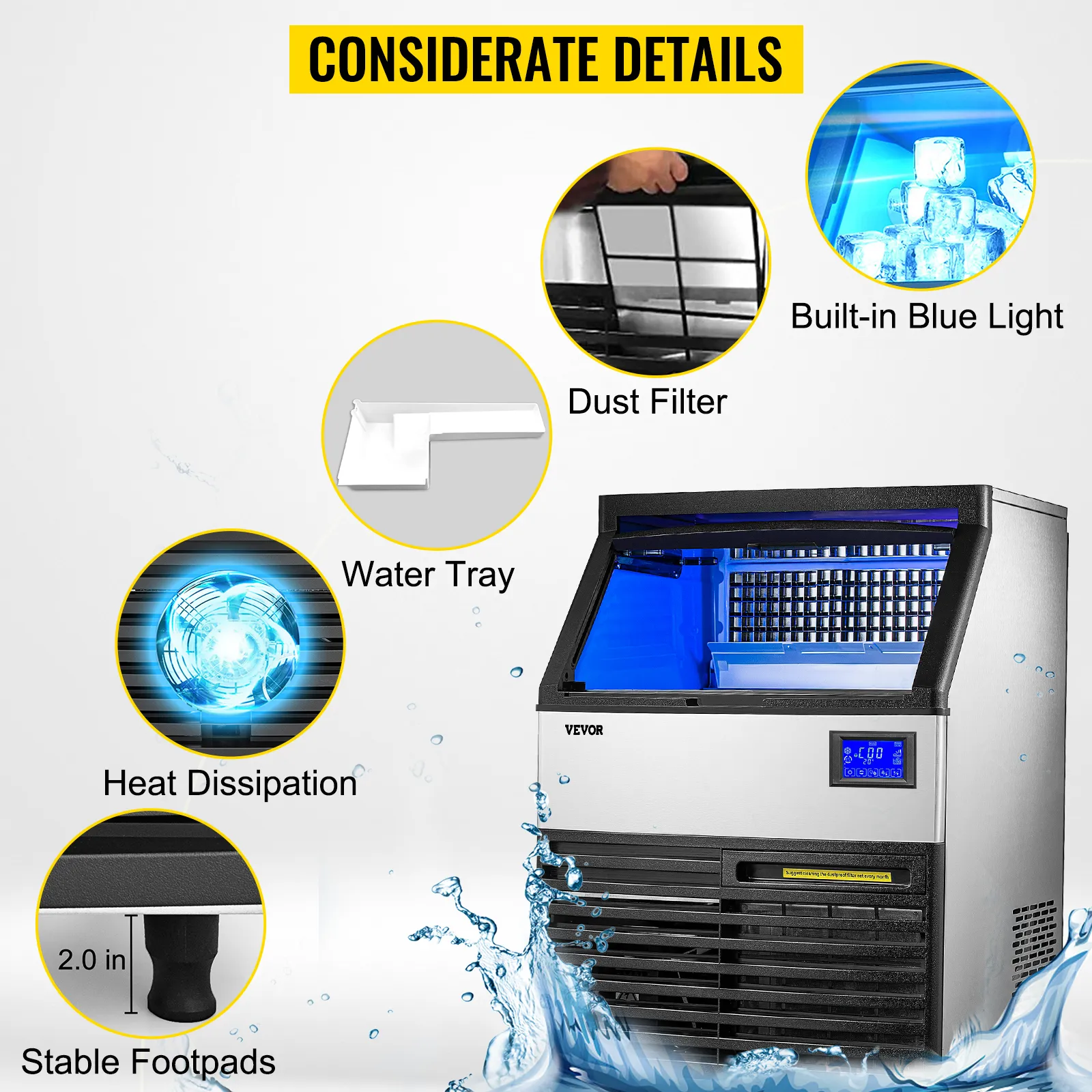 Máquina de hielo comercial VEVOR con filtro de polvo, luz azul incorporada, bandeja de agua y patas estables.