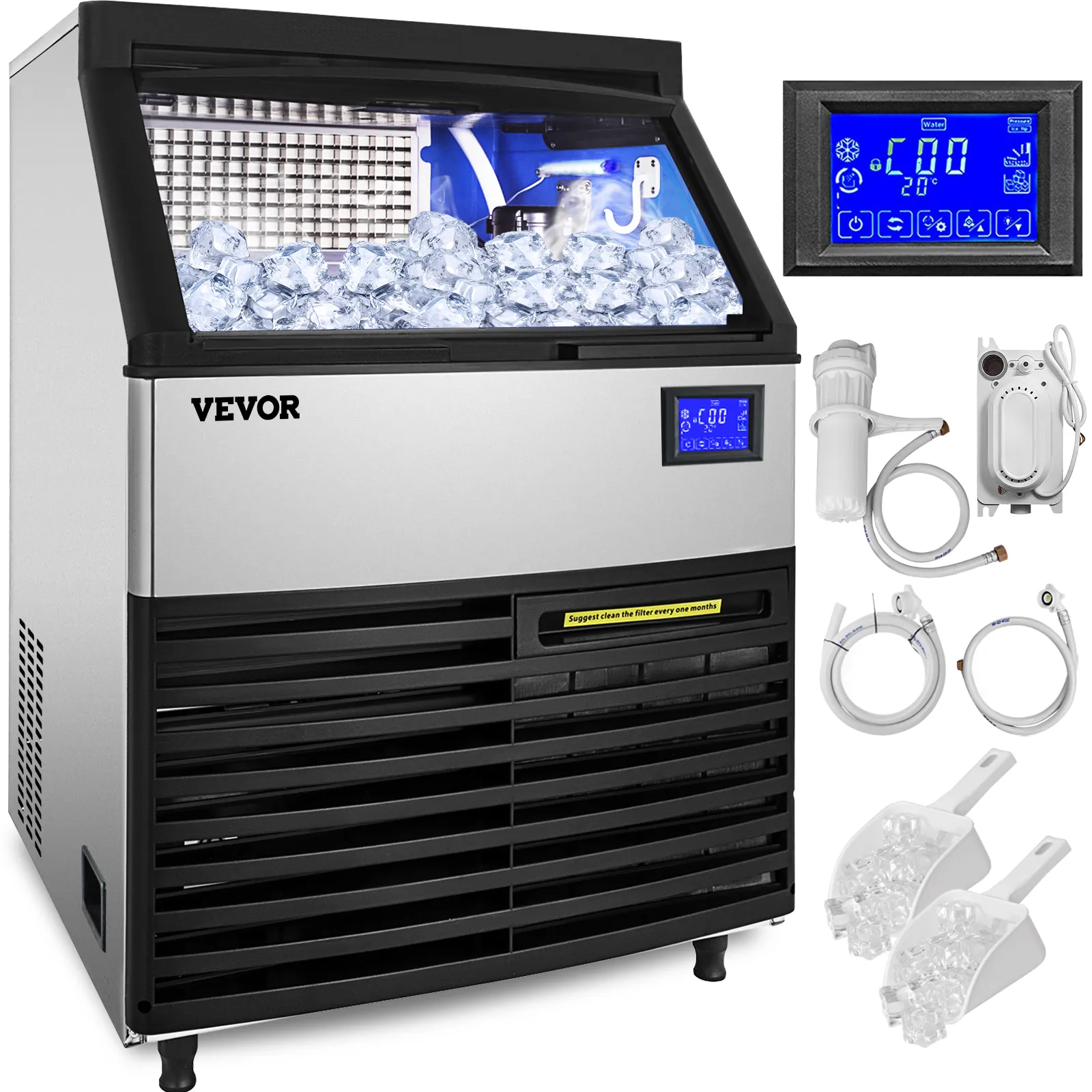 VEVOR commercial ice maker with control panel, accessories, and ice scoops.