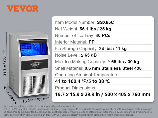 VEVOR commercial ice maker with 40 ice trays and 24 lbs storage capacity.