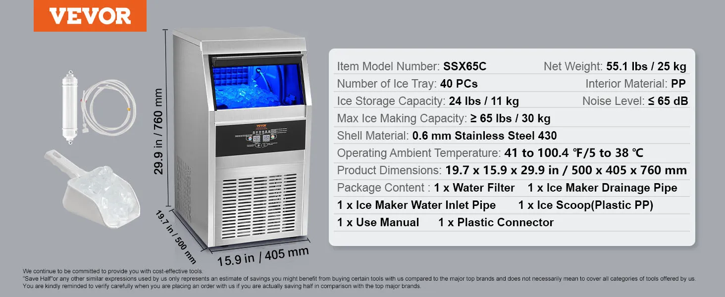 VEVOR commercial ice maker with 40 ice trays and 24 lbs storage capacity.