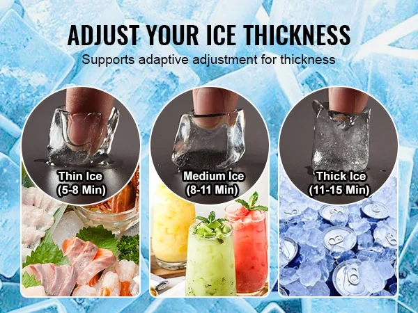 VEVOR commercial ice maker with 40 trays, adjustable ice thickness options.
