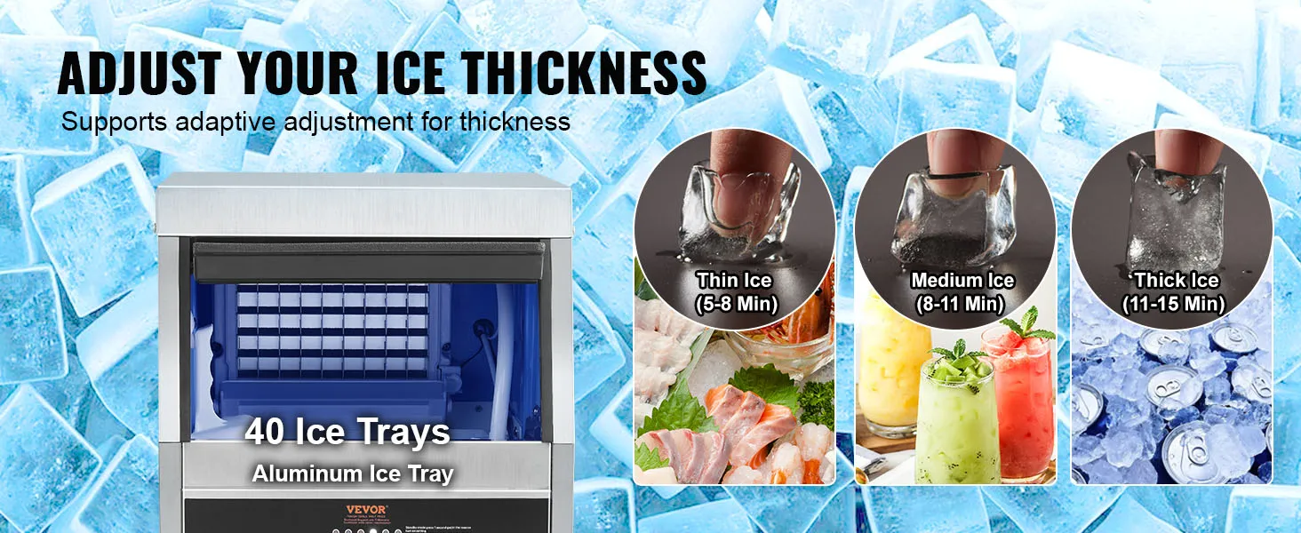 VEVOR commercial ice maker with 40 trays, adjustable ice thickness options.