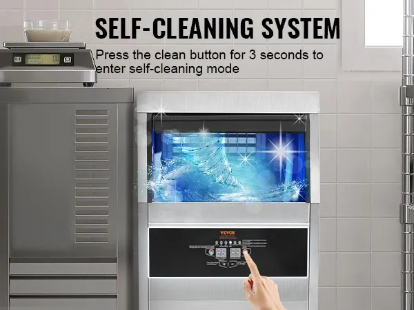 VEVOR commercial ice maker with self-cleaning system button being pressed.