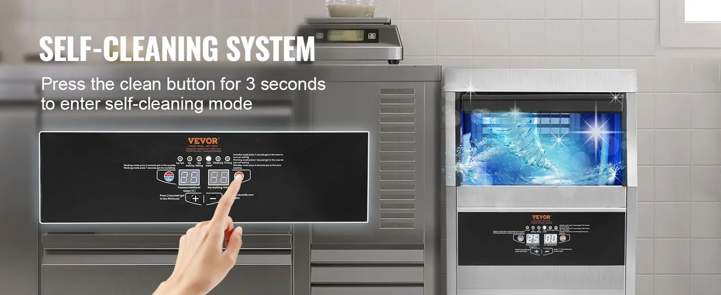 VEVOR commercial ice maker with self-cleaning system button being pressed.