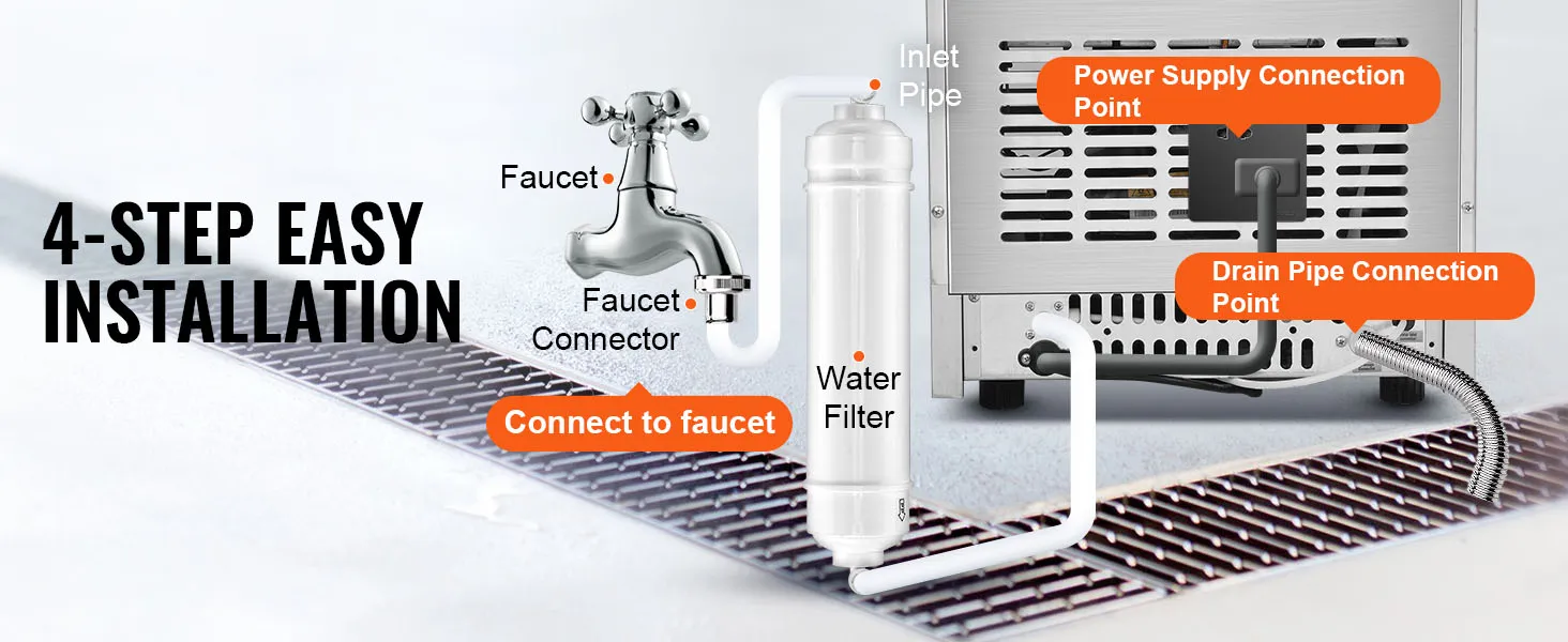 4-step easy installation for VEVOR commercial ice maker with labeled connection points.