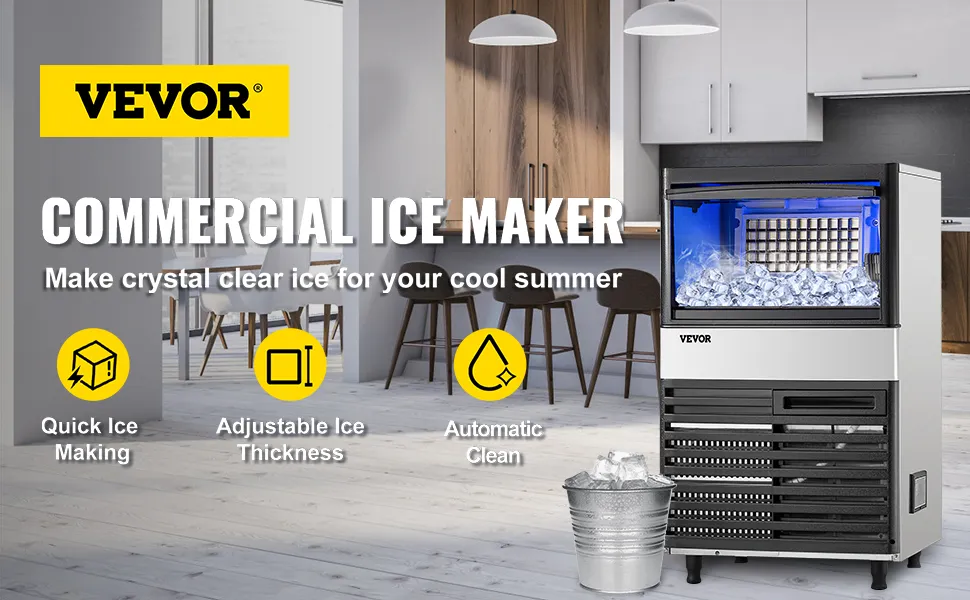 Máquina de hielo comercial VEVOR en una cocina moderna, destacando la fabricación rápida de hielo.