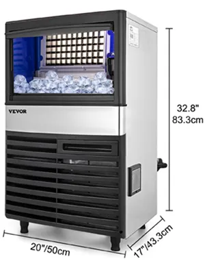Máquina de hielo comercial VEVOR con dimensiones 32,8"x20"x17" y cubitos de hielo en su interior.
