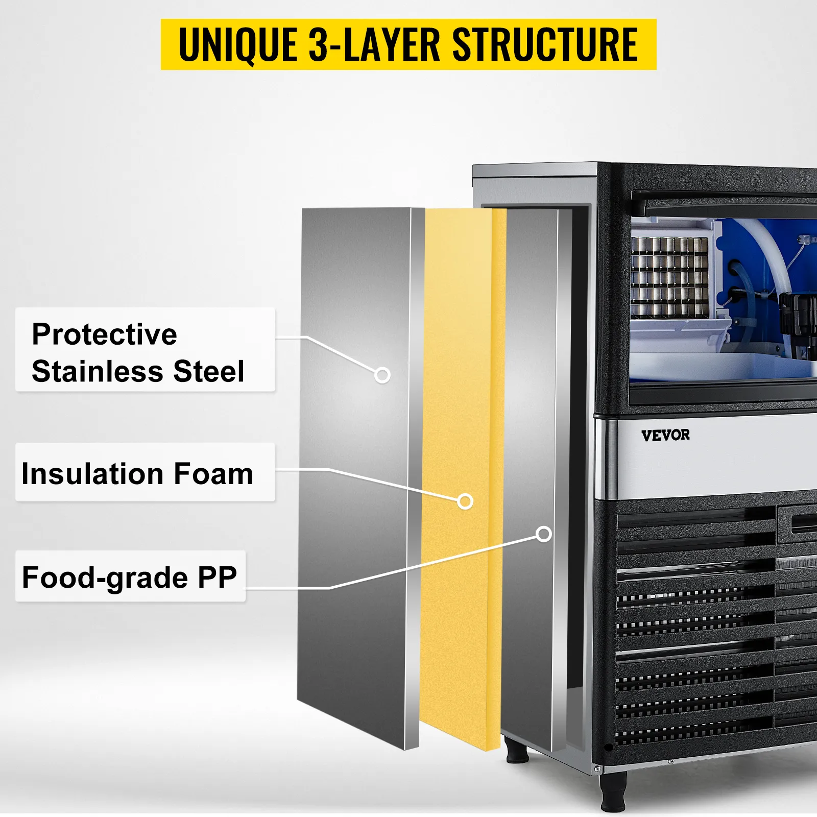 Máquina de hielo comercial VEVOR con acero inoxidable protector, espuma aislante, pp. de grado alimenticio.